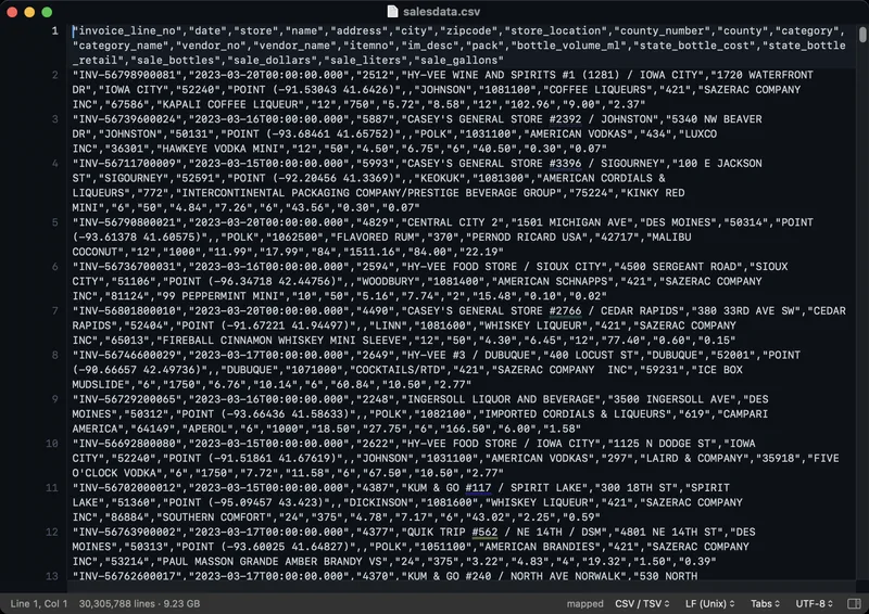 Volt with a 9.23 GB CSV export open. The status bar reads 30,305,788 lines,
9.23 GB, mapped, CSV / TSV, LF (Unix), UTF-8.