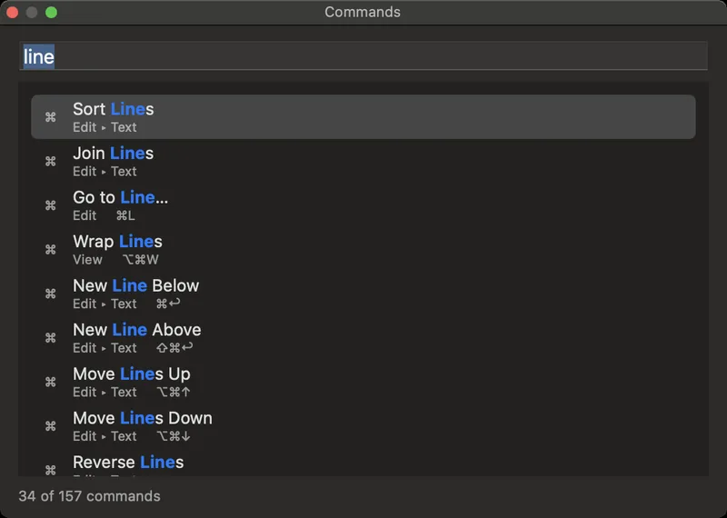 Volt's command palette, filtered to the word line: Sort Lines, Join Lines, Go to
Line, Wrap Lines, New Line Below, Move Lines Up — each with its menu path and
keyboard shortcut. The footer reads 34 of 157 commands.