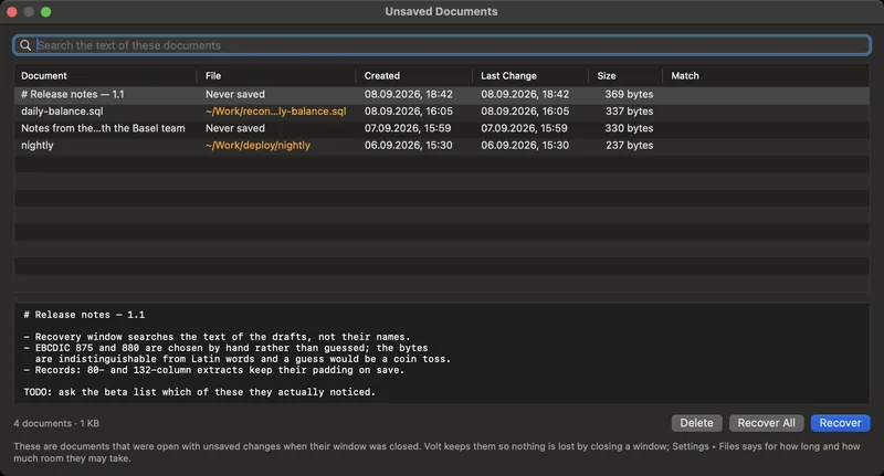 Volt's Unsaved Documents window: a field that searches the text of the kept
drafts, a table of four documents with the file each belongs to, when it was
created, when it last changed and how big it is, a preview of the selected one,
and Delete, Recover All and Recover buttons.