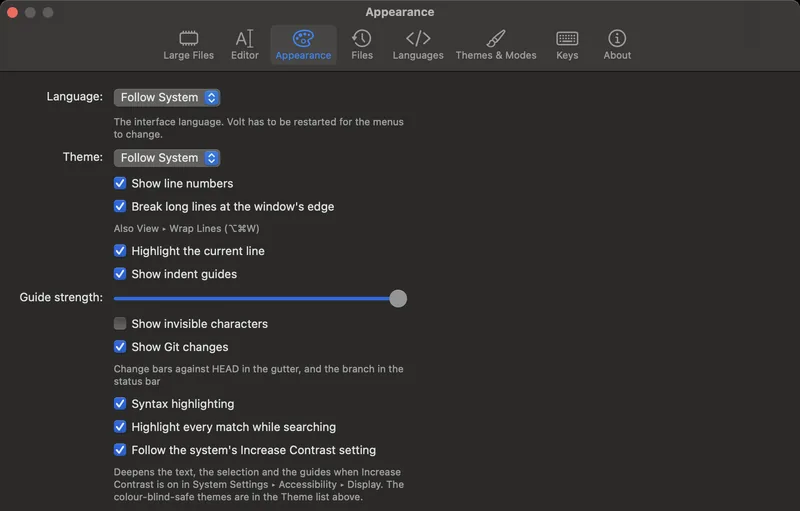 Volt's Appearance settings: interface language, theme, line numbers, line
wrapping, current-line highlight, indent guides and their strength, invisible
characters, Git changes, syntax highlighting, and the system's Increase Contrast
setting.