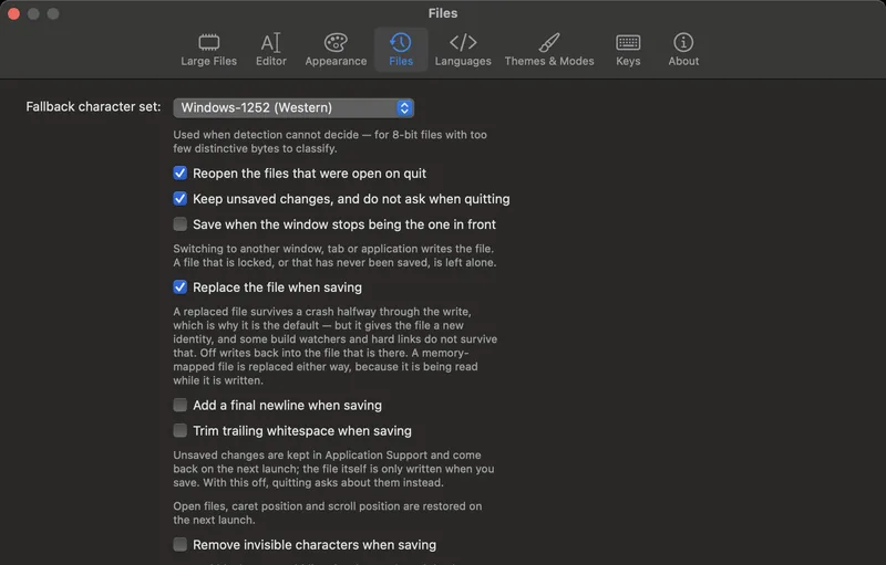 Volt's Files settings: what to reopen on launch, how long unsaved drafts are kept
and how much room they may take together, trailing whitespace, and the final
newline.