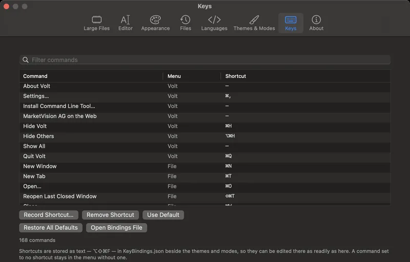 Volt's Keys settings: every command listed with its keyboard shortcut, searchable,
and each one re-bindable.