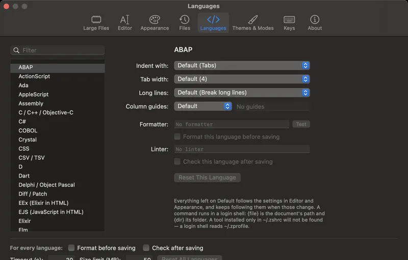Volt's Languages settings: all 119 languages in a filterable list on the left, and
the indentation, tab width, line wrapping, column guides, formatter and linter for
the selected one on the right.