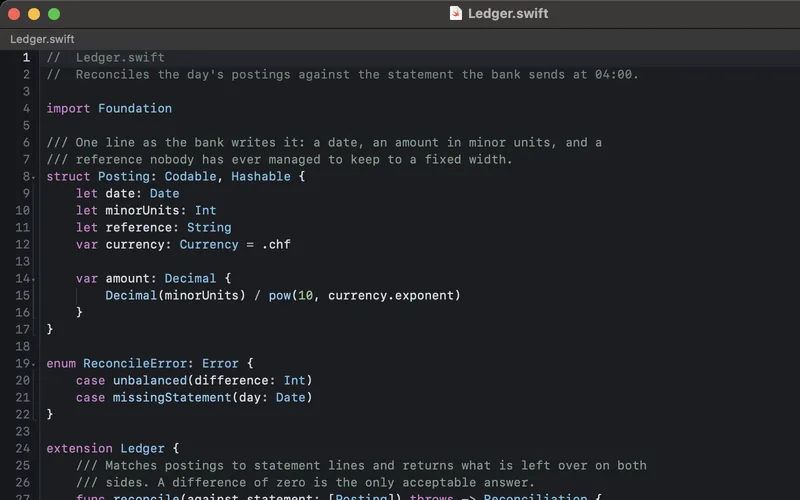 The built-in Dark theme: near-black page, magenta keywords, blue types, green numbers.
