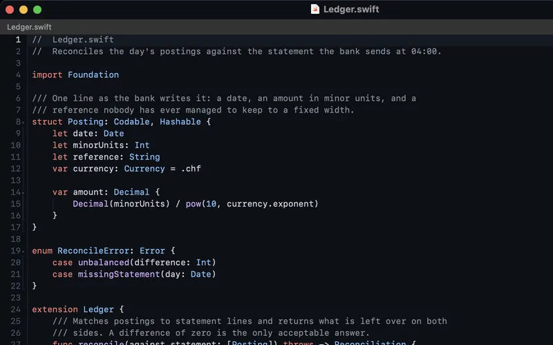 The Midnight theme: near-black page, coral keywords, blue types, pale blue strings.